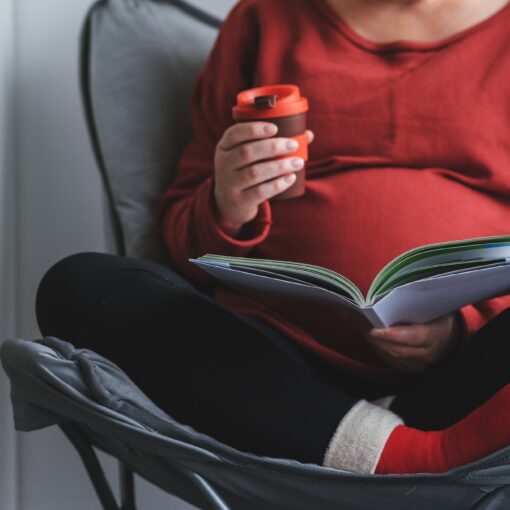 Pregnant Woman Reading Book In Living Room